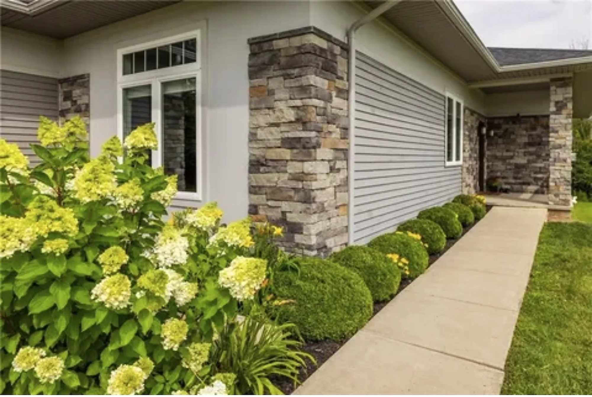 Light gray siding and a stone column along the side of a home, above a walkway edged with hydrangeas.
