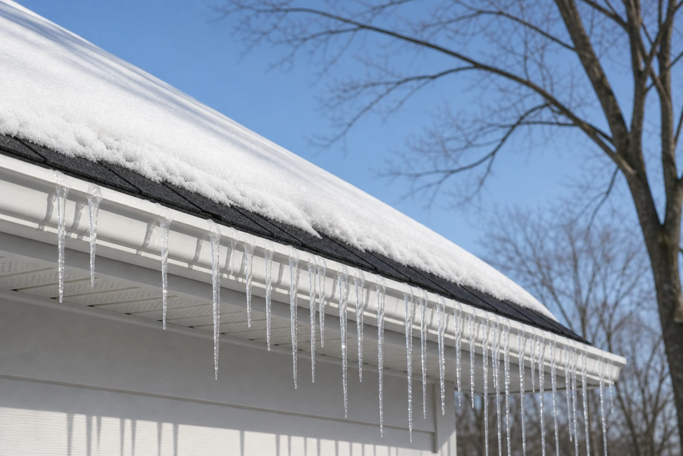 Icicles hanging from the gutter of a snow-covered shingled roof against a clear winter sky.